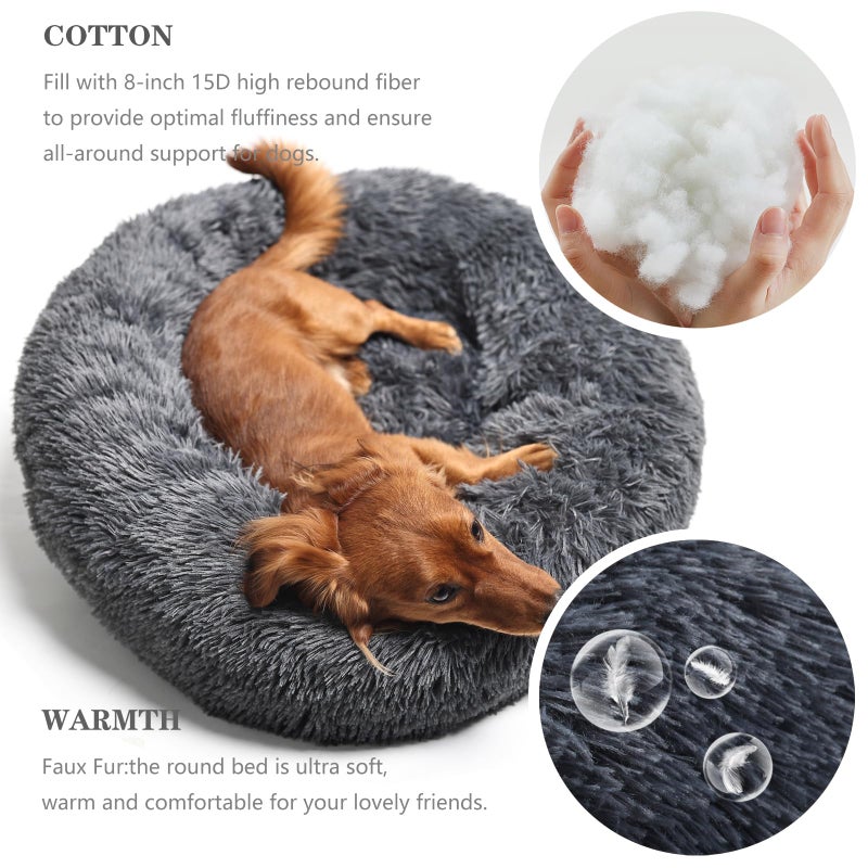 nononfish Calming Donut Dogs Beds for Medium Dogs up to 45 lb,30inch Anti-Slip Plush Round Dog Bed with Raised Rim,Fluffy Faux Fur Pet Bed for Cozy Sleep,Dark Grey - Image 3